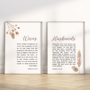 Efesios 5:22-28 Esposas y maridos versículo bíblico Conjunto de 2 arte de pared Boho imprimible, obra de arte neutral minimalista cristiana moderna, regalo de boda