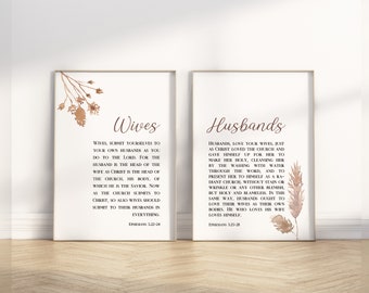 May include: Two printable art prints with a watercolor floral design. The prints feature the words "Wives" and "Husbands" with Bible verses from Ephesians 5:22-28. The prints are in a light brown color scheme.