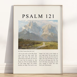Psalm 121 Ich hebe meine Augen zu den Hügeln Bibel Vers Wand Kunst zum ausdrucken, Vintage Christian Ölgemälde Illustration Schrift Zitat Kunstwerk