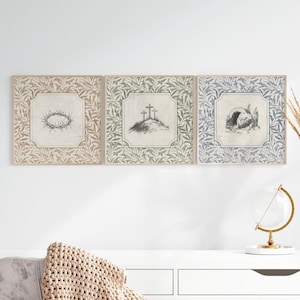 Christliche Vintage Ostern Wand Kunst druckbare 3er-Set, Dornenkrone/Grab/Kreuz Kreuzigung & Auferstehung religiöse Illustration E02