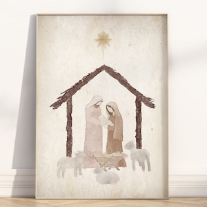 Arte de parede para presépio de Natal para impressão, impressão de pôster em aquarela cristã rústica, cena de manjedoura/Maria/José/Menino Jesus/Estrela de Belém