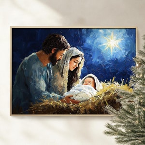 Weihnachtskrippe Wand Kunst druckbare, rustikale christliche Aquarell Poster Druck, Krippe / Maria / Joseph / Jesuskind / Stern von Bethlehem