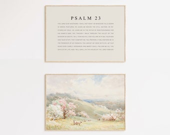 Salmo 23 capitolo completo versetto della Bibbia stampabile, set di 2 dipinti a olio cristiani vintage, paesaggio, scrittura, citazione, opera d'arte, stampa poster