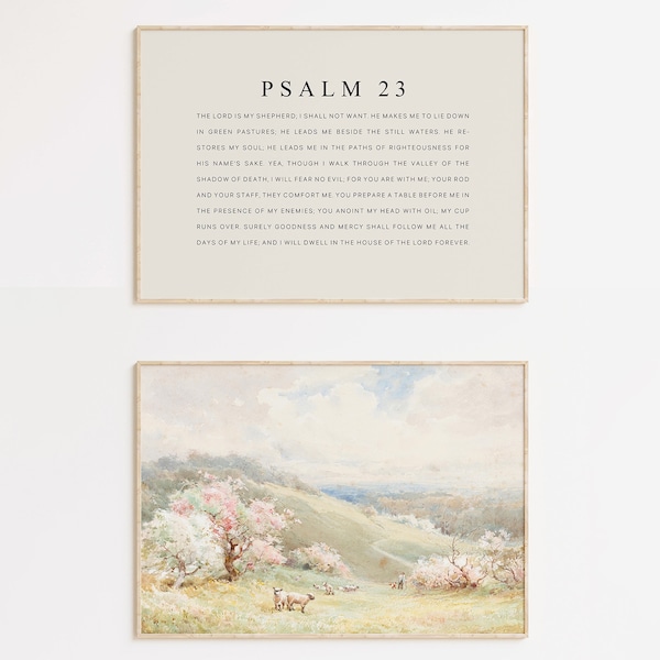 Psalm 23 Full Chapter Bible Verse wall art printable, Set of 2 Christian Vintage oil painting landscape scripture quote Artwork poster print