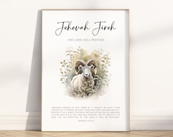 Jehovah Jireh, de Heer, zal voorzien in bijbelse illustratie kunst aan de muur afdrukbare-Hebreeuwse naam van God Schrift citaat aquarel artwork poster print