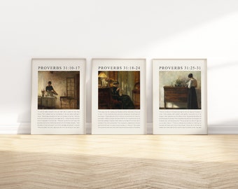 Sprüche 31: 10-31 Tugendhafte Frau Bibel Vers Wand Kunst druckbares Set von 3, Vintage Christian Scripture Zitat Ölgemälde religiöses Kunstwerk
