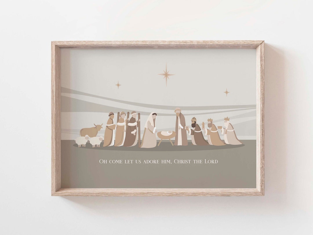 Nativity Scene Christmas Bible Verse Printable Wall Art, Oh Come Let Us