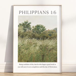 Filipenses 1:6 El que comenzó la buena obra, versículo bíblico, arte de pared imprimible, cita de las Escrituras cristianas, pintura al óleo vintage, obra de arte, póster impreso