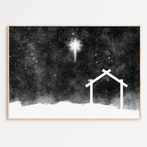 Ster van Bethlehem Baby Jezus Stabiele christelijke afdrukbare muurkunst, moderne minimalistische aquarel kerststal stille heilige nacht