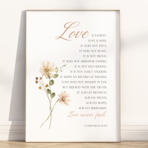 1 Corinthians 13 4 8 Love is patient love is kind Love never fails Bible verse printable wall art, Modern Christian floral minimalist poster