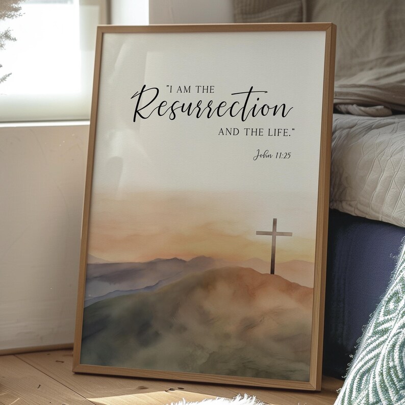 Arte de pared imprimible con versículo bíblico "Yo soy la resurrección", Juan 11:25, decoración religiosa cristiana de Pascua, obra de arte con cita de la cruz de Jesús imagen 6