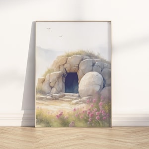 Jesus Empty Tomb Bible illustration Wall Art Printable, Christian Religious He is Risen Easter Decoration Scripture quote poster print