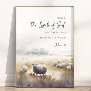 John 1:29 Behold the Lamb of God Bible Verse Wall Art Printable, Modern Christian Religious Easter Decoration Scripture quote artwork poster
