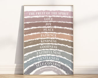 Fruit of the Spirit Kids Boho Rainbow Bible verse wall art printable, Galatians 5:22-23 nursery Church Sunday School homeschool room poster