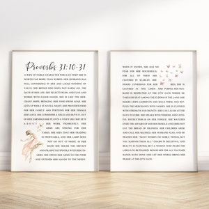 Spreuken 31:10-31 deugdzame vrouw bijbelvers afdrukbare muur kunst set van 2, moderne christelijke schrift citaat minimalistische kunstwerken poster print