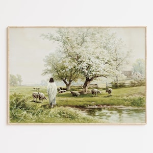 Psalm 23 the Lord is my Shepherd Christian wall art printable, Jesus & Sheep - The Good Shepherd Vintage Painting Religious Artwork Poster