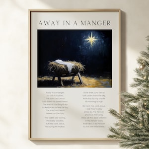 Weg in een kribbe kersthymne afdrukbare muurkunst, Christian Church Carol songteksten kerststal schilderij vakantie artwork poster afdrukken