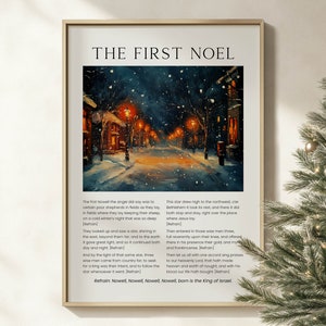 Il primo inno natalizio di Noel, stampabile, da parete, testo di canti natalizi per chiesa cristiana, dipinto a olio di paesaggio, opera d'arte religiosa per le vacanze.
