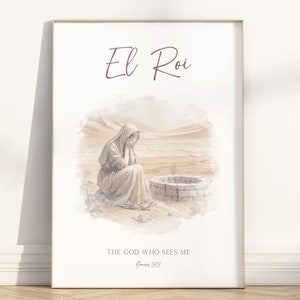 El Roi Hargar in the desert Bible illustration wall art printable, Hebrew name of God-The God who sees me scripture quote watercolor artwork
