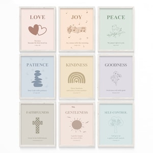 Fruit of the Spirit Kids Boho Bible verse wall art printable Set of 9, Galatians 5:22-23 nursery Church Sunday School homeschool room poster