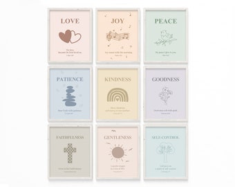 Fruit of the Spirit Kids Boho Bible verse wall art printable Set of 9, Galatians 5:22-23 nursery Church Sunday School homeschool room poster