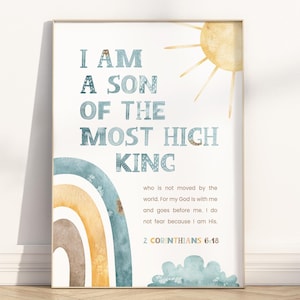 Ik ben een zoon van de koning bijbelvers afdrukbare muurkunst, 2 Korinthiërs 6:18 regenboog zon wolk christelijke schrift poster, poster jongen kinderkamer