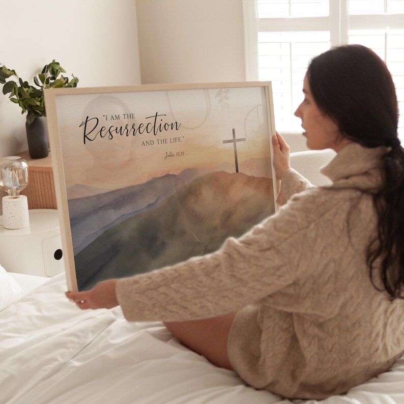 I am the resurrection Bible Verse Printable Wall Art, John 11:25 Cross on the hill Christian Easter Scripture Quote Artwork Print image 5