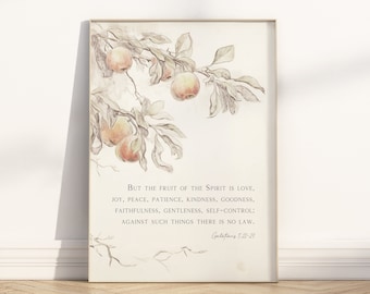 Fruit of the Spirit Bible verse wall art printable, Galatians 5:22-23 Christian Vintage Neutral Watercolor Religious Scripture quote Artwork