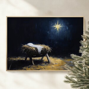 Kerststal kerst afdrukbare kunst aan de muur, rustieke christelijke olieverfschilderij artwork, baby Jezus ster van Bethlehem poster print digitale download
