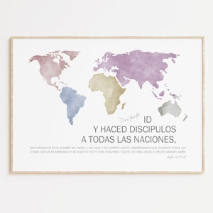 Español la Gran Comisión Versículo bíblico arte de pared imprimible, Mateo 28:19-20 Escritura cristiana cita acuarela mapa mundial grandes obras de arte