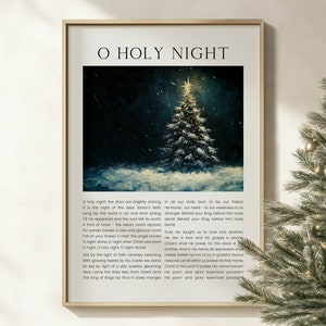 Oh, Nochebuena, himno navideño, arte de pared imprimible, letra de villancico de iglesia cristiana, pintura al óleo de paisaje con árbol, obra de arte navideña, póster impreso