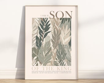 I am a son of the King Bible Verse printable wall art, Boho Christian 2 Corinthians 6:18 Scripture Quote baby boy child nursery poster print