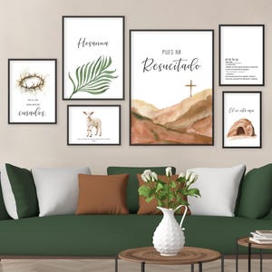Spaans paasverhaal bijbelvers muur kunst afdrukbare set van 6, moderne boho religieuze paasdecoratie, hij is verrezen Hosanna leeg graf poster
