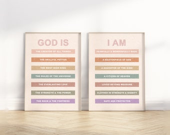 Identity in Christ Kids Affirmation Bible Verse Printable Wall Art, Set of 2 Modern Boho Christian Scripture Quote Girl Nursery Poster Print