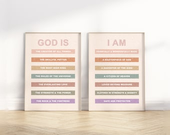 Identità in Cristo Bambini Affermazione Versetto della Bibbia Stampabile Arte da parete, Set di 2 Modern Boho Christian Scrittura Citazione Ragazza Asilo Nido Poster Stampa