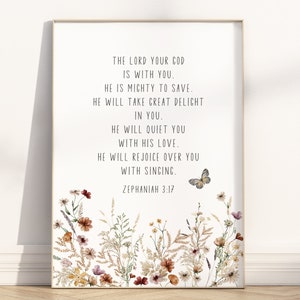 Zephaniah 3:17 The lord your God is with you Bible Verse printable wall art, Modern Christian artwork, Floral Nursery scripture wall decor