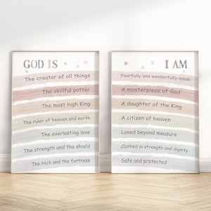 Who God is & Who I am Christian Kids Affirmation Printable Wall Art, Identity in Christ Girl nursery/Sunday School/Classroom Set of 2 poster