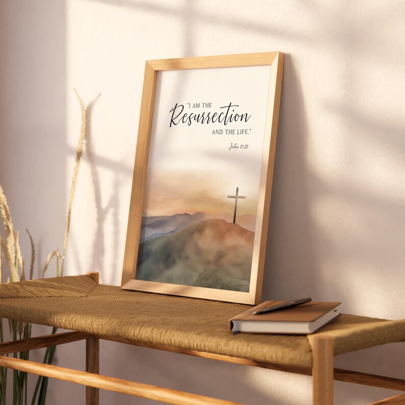 Arte de pared imprimible con versículo bíblico "Yo soy la resurrección", Juan 11:25, decoración religiosa cristiana de Pascua, obra de arte con cita de la cruz de Jesús imagen 9