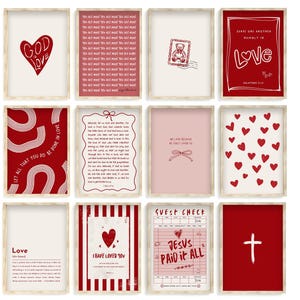 May include: Set of 10 printable wall art prints in a red and white colour scheme. The prints feature various designs including hearts, crosses, and text about love and faith. The prints are ideal for adding a touch of love and inspiration to any room.
