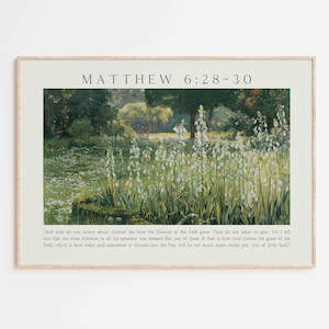 Matthew 6:28-30 consider the lilies Bible verses printable wall art, Vintage Landscape Oil Painting Religious Scripture Quote Artwork Poster