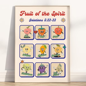 Frucht des Geistes Bibel-Vers-Wandkunst druckbare, Galater 5: 22-23 christliche religiöse Schriftzitat Kinderzimmer-Kunstwerk-Plakat-Druck