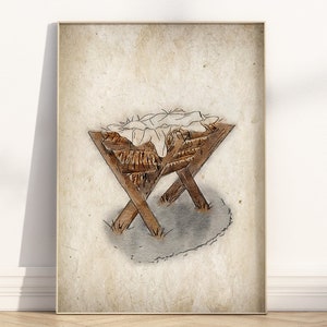 Pintura em aquarela do presépio do Menino Jesus para impressão de arte de parede de Natal, decoração rústica cristã para casa, arte religiosa para feriados