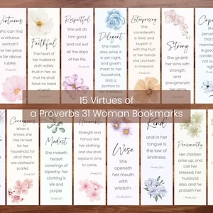 May include: Set of 15 bookmarks featuring floral illustrations and inspirational quotes about virtues. Each bookmark displays a different virtue, such as "Virtuous," "Faithful," and "Diligent," with related text. The bookmarks are designed with a watercolor aesthetic.
