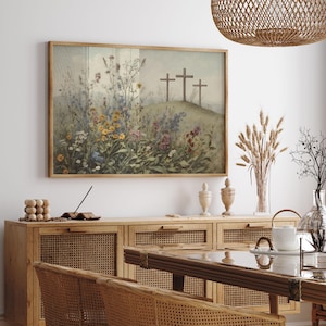 Jezus kruisiging/het is voltooid religieuze Pasen muur kunst afdrukbare, christelijke 3 kruisen op de heuvel van Golgotha vintage olieverfschilderij poster afdrukken afbeelding 2