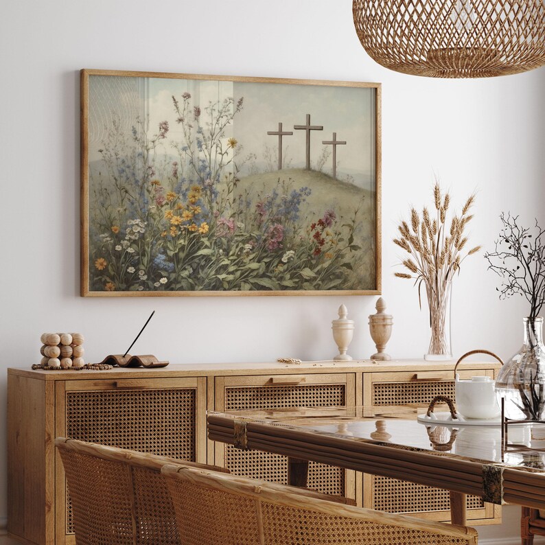 Jezus kruisiging/het is voltooid religieuze Pasen muur kunst afdrukbare, christelijke 3 kruisen op de heuvel van Golgotha vintage olieverfschilderij poster afdrukken afbeelding 2