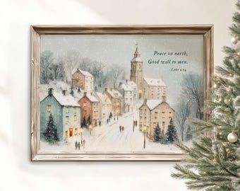 Luke 2:14 Winter Vintage Bible Verse Wall Art Printable, Christian Glory to God Peace on Earth Scripture Quote Holiday Neutral Poster Print