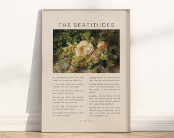 The Beatitudes Bible Verse Wall Art Printable, Sermon on the Mount Christian Vintage Floral Oil Painting Scripture Quote Digital Download