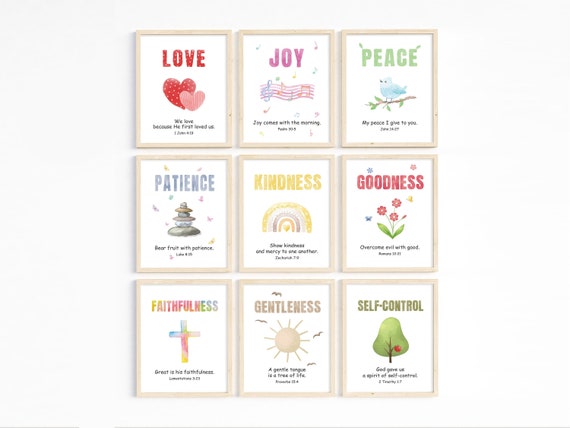 Kids Fruit of the Spirit Bible verse printable wall art Set of 9/Galatians 5:22-23 nursery playroom Church Sunday School homeschool room art