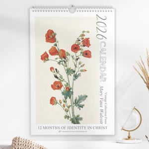 2026 Christian Monthly Calendar Printable - Identity in Christ Bible Verse Scripture Quotes, Religious Vintage watercolor Botanical Painting