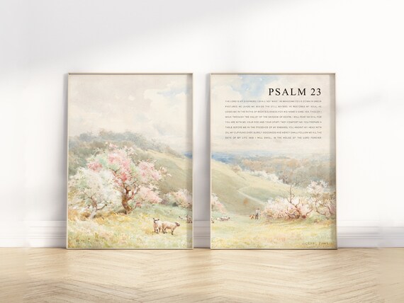 Psalm 23 Full Chapter Bible Verse wall art printable, Set of 2 Christian Vintage oil painting landscape scripture quote Artwork poster print